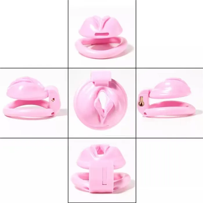 CHASTITY CAGE CO Male Sex Toys Pink Chastity Cage With 4 Rings Pussy Shaped
