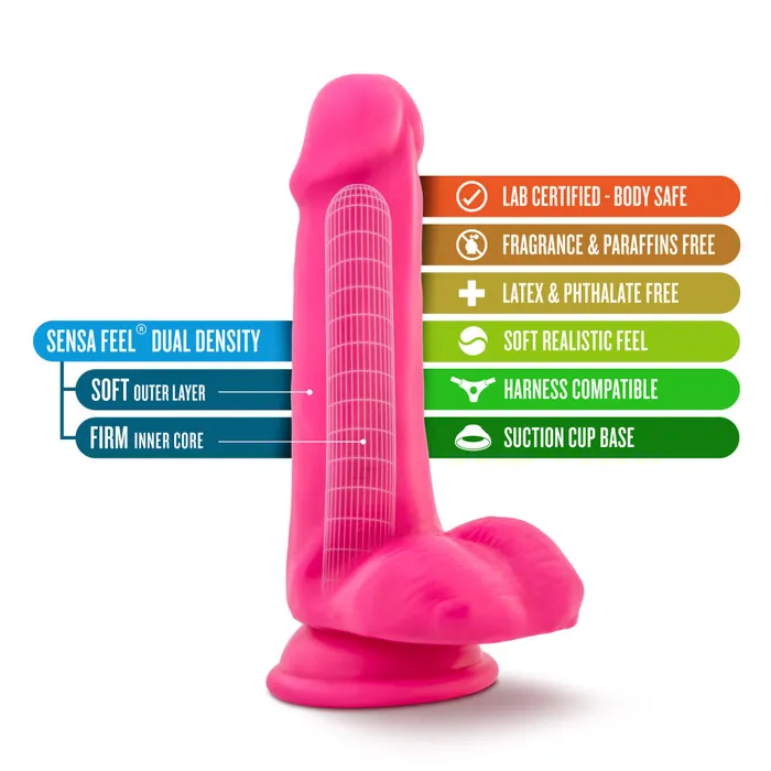 Neo 6 Inch Dual Density Cock With Balls Neon Pink Blush Dildos